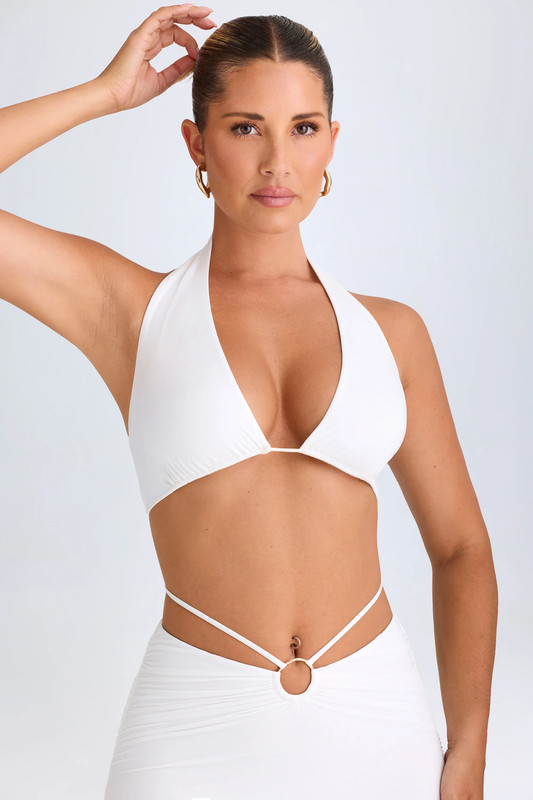Plunge Hardware-Detail Halterneck Crop Top in White - Size:L